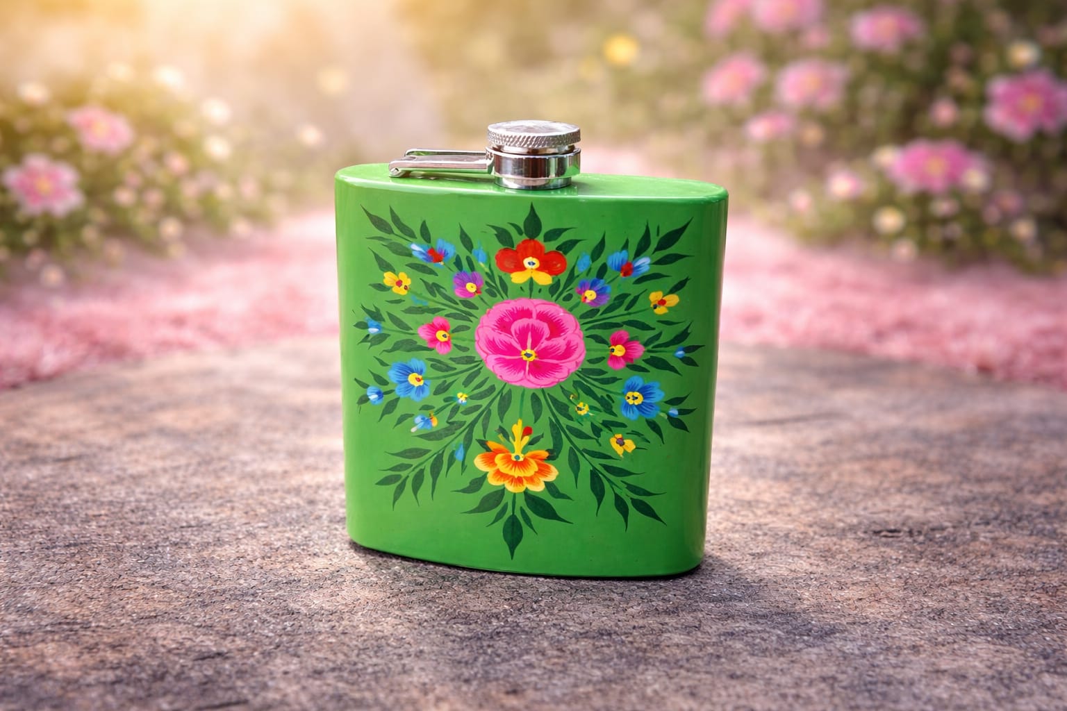 Stainless Steel Hip Flask, Hand Painted Hip Flask, Spring Meadow Stainless Steel Hip Flask ,Metal Hip Flask, Alcohol Flask